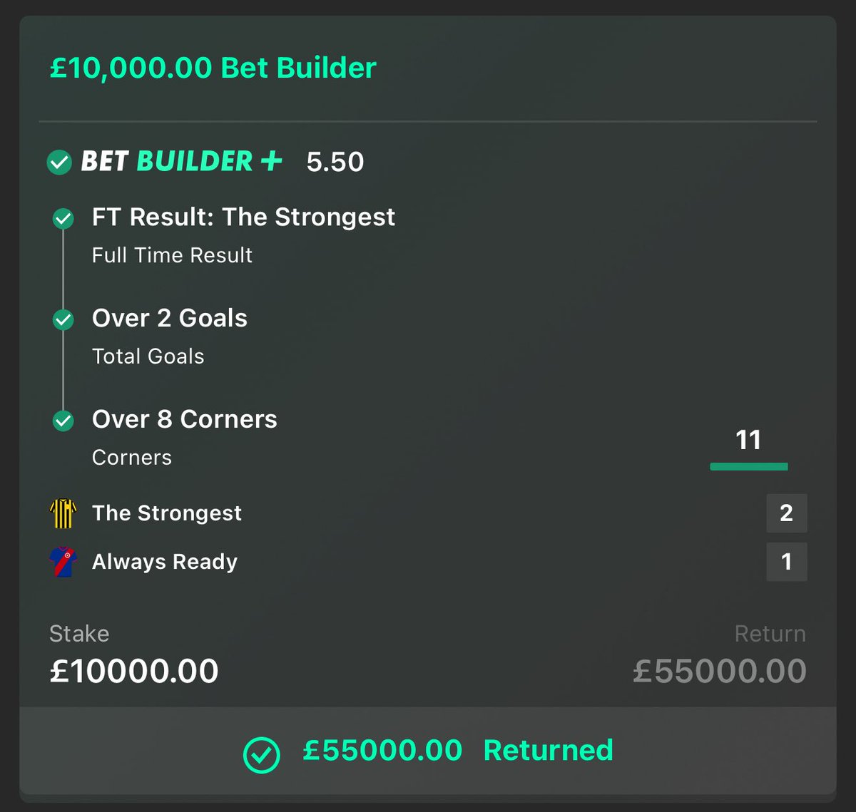 WE’VE DONE IT AGAIN!!🤯🤩🔥

£55,000 WTF BOOOOOOOM!! 💷✅

TO CELEBRATE I’ll #GIVEAWAY £2500 CASH TO 2 PEOPLE WHO LIKE &amp; RETWEET THIS POST!! 💷 

MUST FOLLOW <a href="/BetBibleTips/">Bet Bible</a>