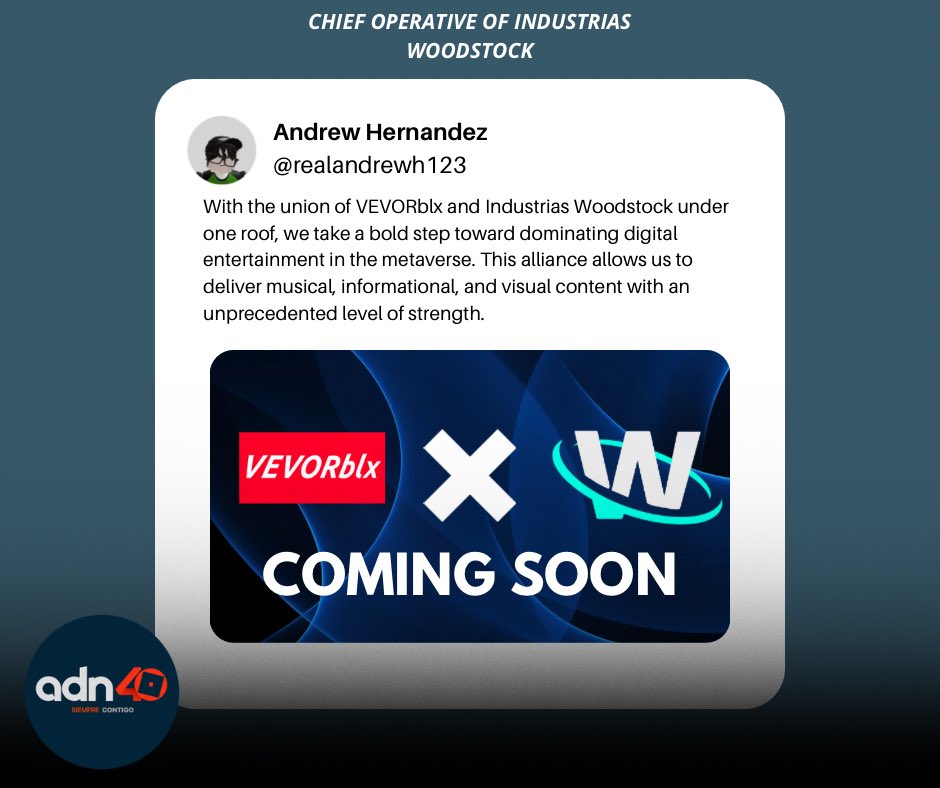 Adn40Rblx's tweet photo. Today, the official acquisition of VEVORblx has been finalized — the renowned music and video distribution platform within the RBLX universe.

This new acquisition strengthens Empresas Woodstock’s presence in the digital music industry. https://t.co/suc3HvuLEv