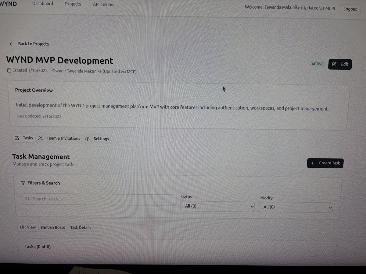 tawanike's tweet image. Basic interface for the #Wynd the project management tool for vibe coders who want to build projects days and not weeks or months. 

Was trying to put together a basic human interface since the ai interface, #mcpserver is now working. 

Will continue after my 9-5 and see how far…