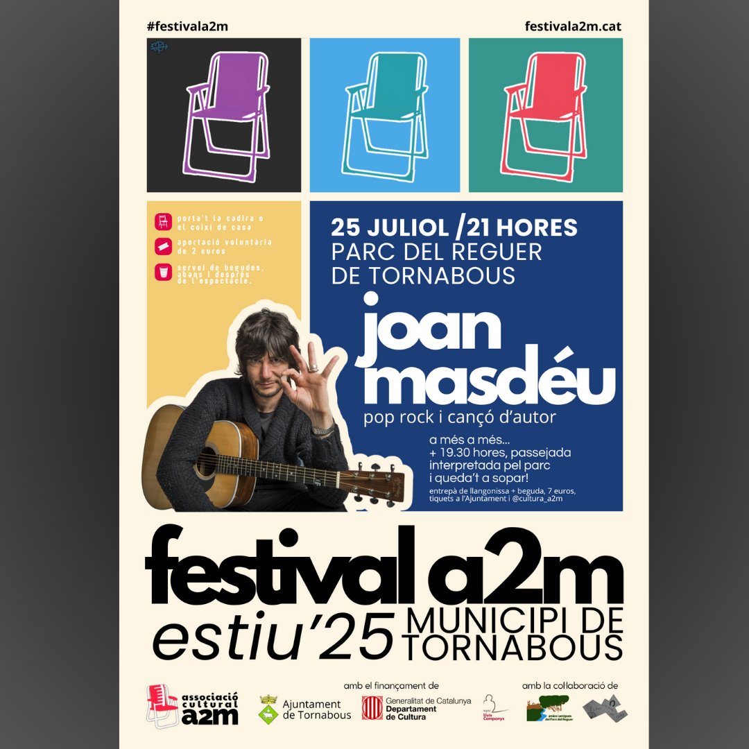 Ajuntament de Tornabous (@tornabous) on Twitter photo 🔊festival a2m /estiu’25
🗓️📍25 de juliol, al Parc del Reguer de Tornabous.
● 20 hores. Passejada interpretada pel parc.
● Concert de Joan Masdéu.
● Queda’t a sopar al parc. Reserva’l a <a href="/a2m_cultura/">Fem Cultura al Municipi de Tornabous</a>.
#festivala2m #municipidetornabous 🔊festival a2m /estiu’25
🗓️📍25 de juliol, al Parc del Reguer de Tornabous.
● 20 hores. Passejada interpretada pel parc.
● Concert de Joan Masdéu.
● Queda’t a sopar al parc. Reserva’l a <a href="/a2m_cultura/">Fem Cultura al Municipi de Tornabous</a>.
#festivala2m #municipidetornabous