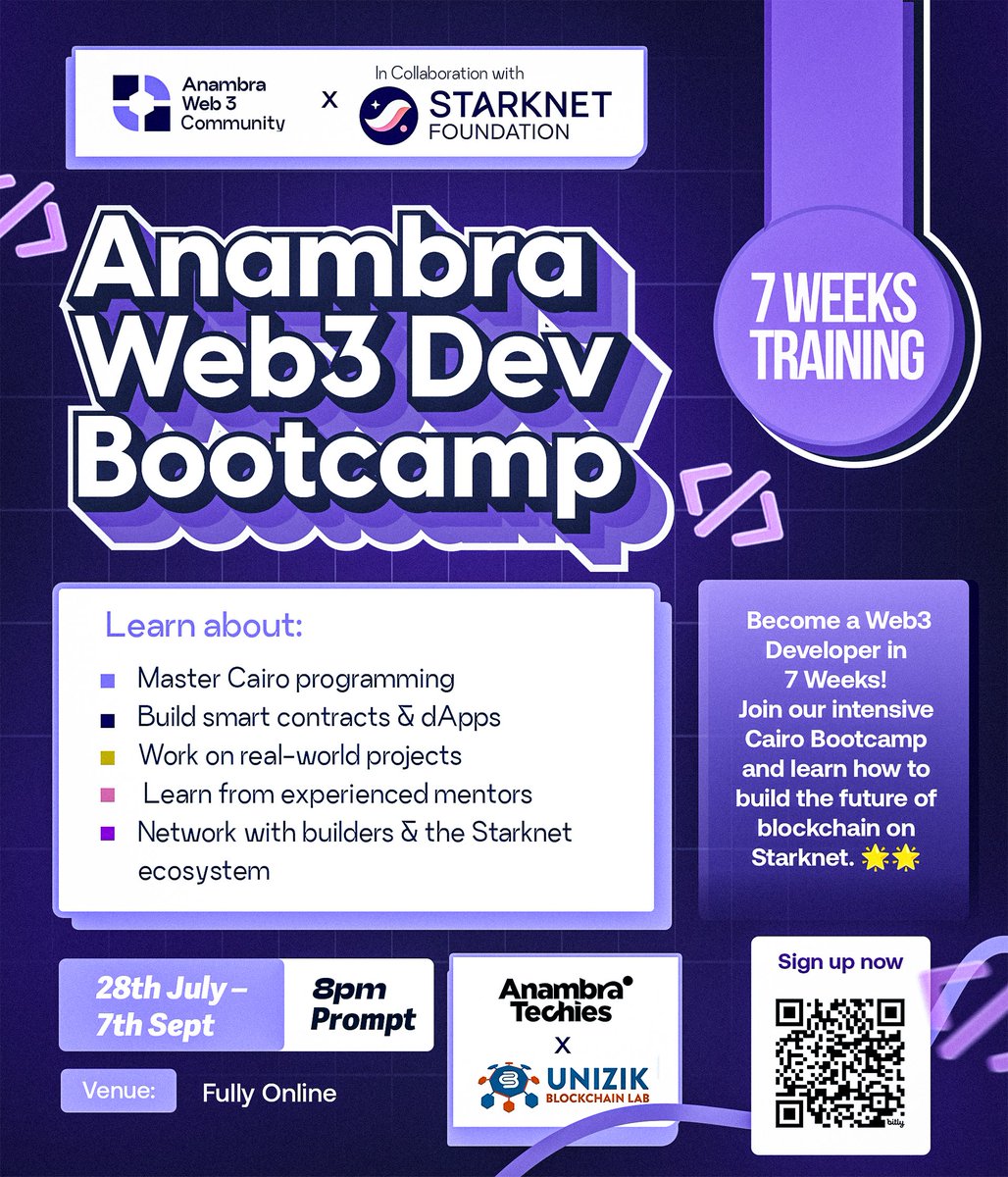 AnambraTechies's tweet image. 🚨 Developers!
If you haven’t registered for the Web3 Developers Bootcamp, you’re about to miss a life changing opportunity.
In partnership with @StarknetFndn, we’re helping devs transition to Web3.
✅ Don’t wait register now & tag your dev friends!
👉 bit.ly/4eYO7pn