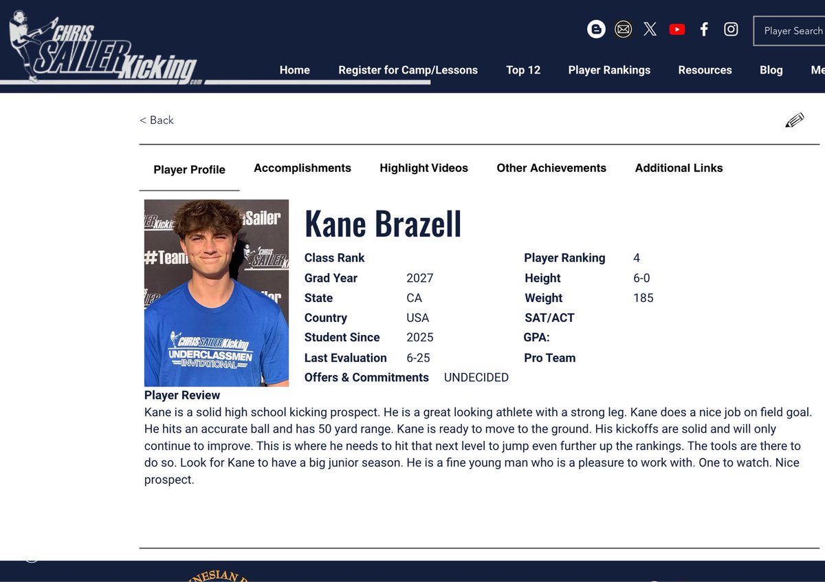 Kane Brazell 4⭐️ (@kanebrazell) on Twitter photo Excited to announce I have received a 4 ⭐️ rating from <a href="/Chris_Sailer/">Chris Sailer Kicking</a>. Continuing to put the work in to have a great fall season.
<a href="/3PointKicking/">3Point Kicking</a>
<a href="/_ColeMurphy_/">Cole Murphy</a>
<a href="/simi_football/">Simi High Football</a>
<a href="/coachjb21/">Jim Benkert</a> Excited to announce I have received a 4 ⭐️ rating from <a href="/Chris_Sailer/">Chris Sailer Kicking</a>. Continuing to put the work in to have a great fall season.
<a href="/3PointKicking/">3Point Kicking</a>
<a href="/_ColeMurphy_/">Cole Murphy</a>
<a href="/simi_football/">Simi High Football</a>
<a href="/coachjb21/">Jim Benkert</a>