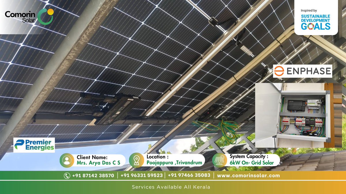 COMORINSOLAR1's tweet image. Customer Name : Mrs. Arya Das C S , Poojappura ,Trivandrum
👉 Project Specification — 6KW On-Grid Solar Plant
👉 Inverter — Enphase India Micro Inverter
👉 Solar Panel — Premier Energies 540WP Panel

#energy #EnergyStorage #netzero #solarpower #solarsystem #ClimateAction #Kerala
