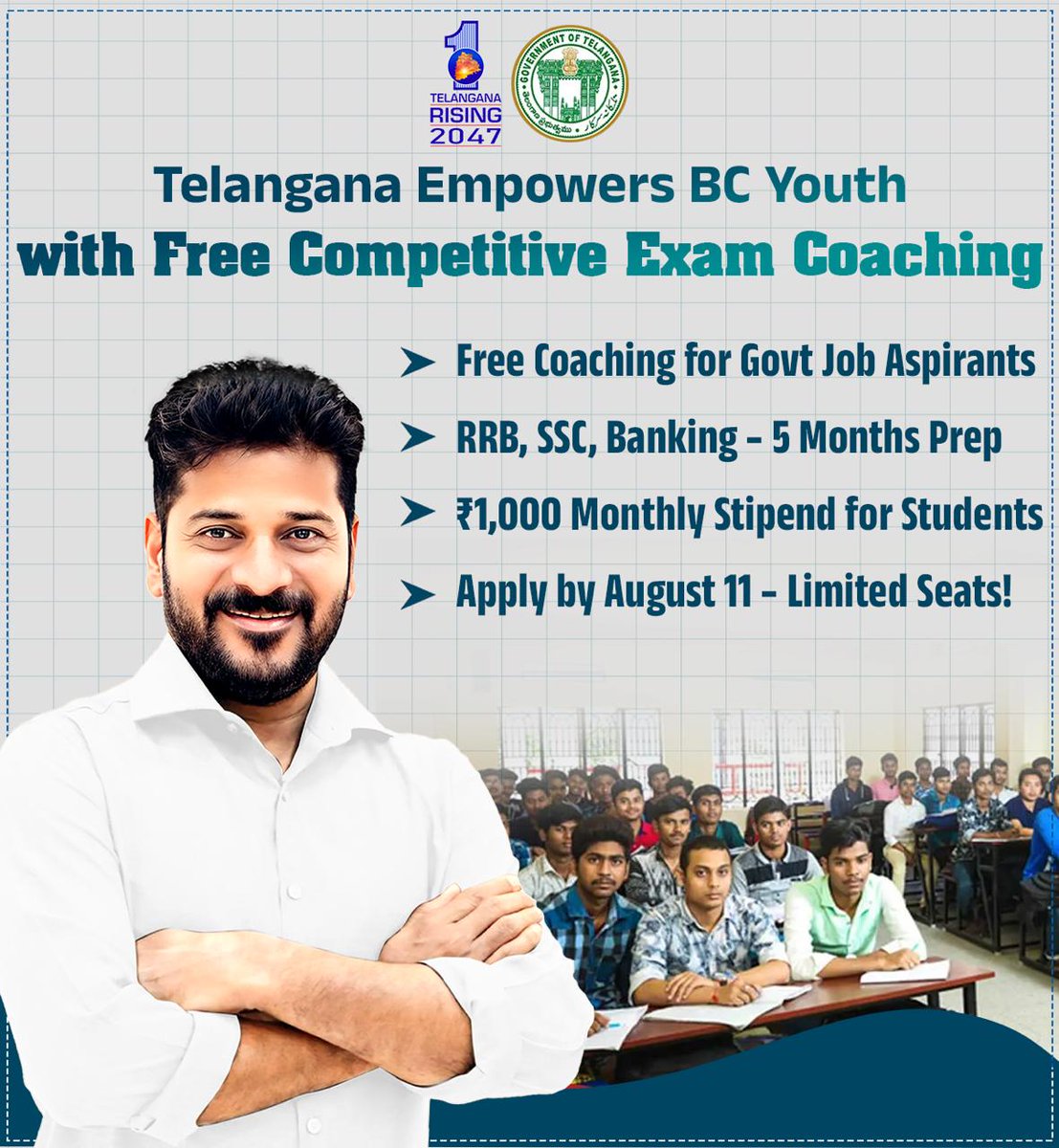 📢 Attention BC Youth!

Grab this golden opportunity! 🌟
✅ Free Coaching for RRB, SSC, Banking
✅ ₹1,000 Monthly Stipend
✅ 5 Months Intensive Prep

🗓️ Apply by August 11 – Limited Seats!

Empowering the future under #TelanganaRising2047
#BCWelfare #YouthEmpowerment