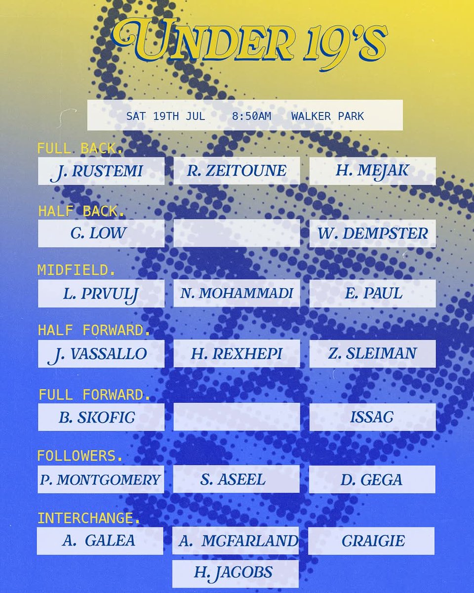 The teams are in for this Saturday up against @mitchamfootballclub 💥

With a special edition to the team, Brad Crouch! So make sure you come along to the game bulls supporters to witness him back out on the field!!

Please note that the Under 19’s are playing at 8:50AM this week