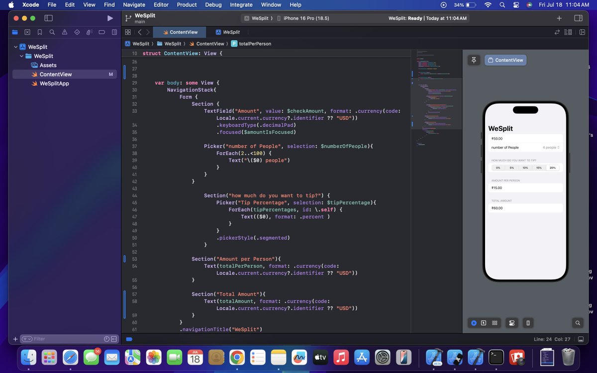 AtharvChoughule's tweet image. Day 18 of #100DaysOfSwiftUI:
Finished the WeSplit challenge — added a header for “Amount per person” and a section for the total check amount including tip. Reinforced layout and logic with hands-on tweaks.
#Swift #SwiftUI #iOSDev #100DaysOfCode