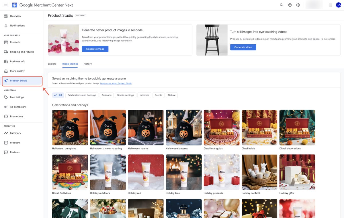 SERPalerts's tweet image. GMC Next Update: I'm now seeing 'Product Studio' with it's own tab across several accounts. It was previously more hidden in the dashboard within 'Products', now it's moved to its own section. The section now contains more features such as themes and an 'explore' tab.