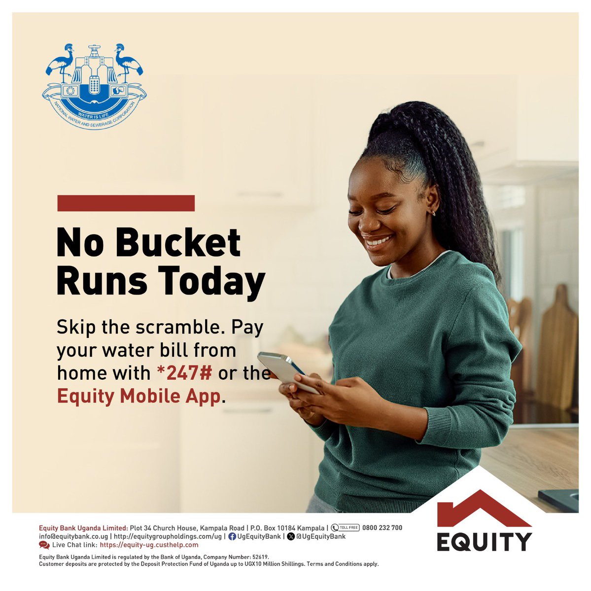 UgEquityBank's tweet image. Water bills? Handled. Buckets? Retired! 💁🏾♀️
Sort it all from your phone with *247# or the Equity Mobile App.
#EquityBankUganda