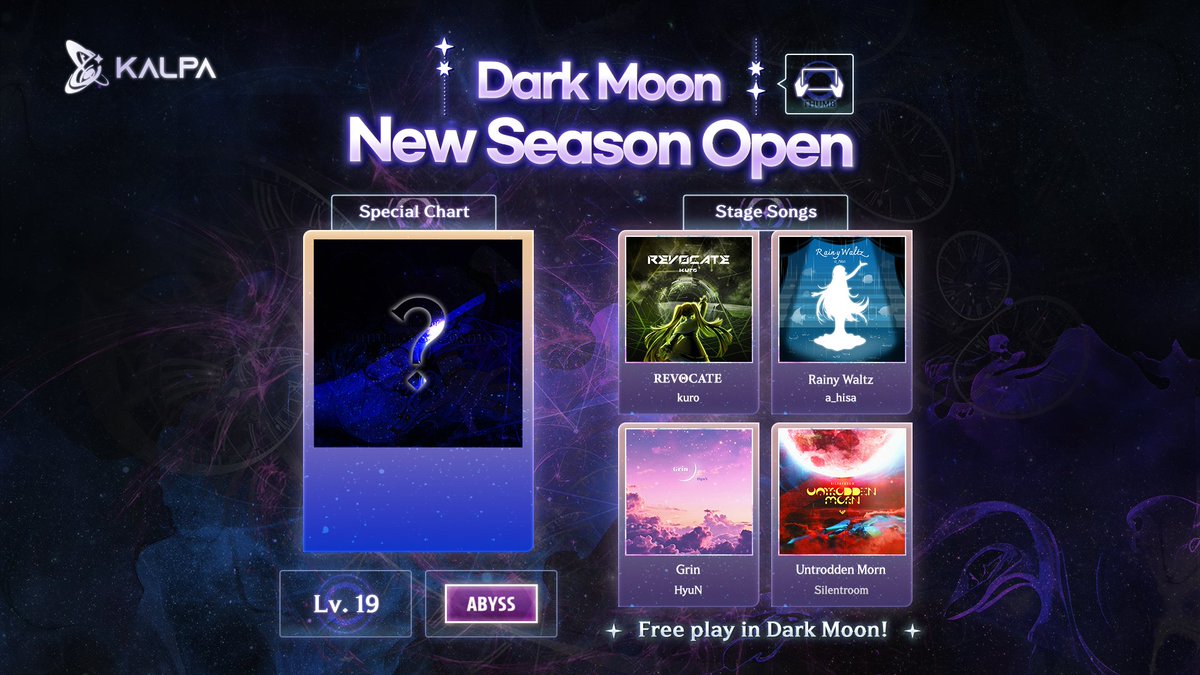 KALPA_twt's tweet image. 🌒Dark Moon 新シーズン開幕
月の裏側に隠された特別な譜面を解放しよう!
未所持のステージ楽曲もプレイ可能です。
Play➡️queseragames.net/kalpa_download
🌒Dark Moon 신규 시즌 오픈!
어두운 달 뒤편의 특별한 패턴을 개방해보세요!
보유 하지 않은 스테이지 곡도 플레이 할 수 있습니다.…