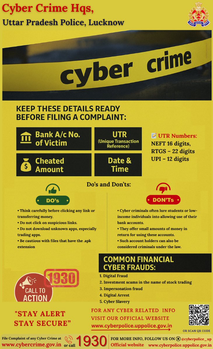Cyber fraud traps are laid out everywhere. Remember to #Dial1930 toll-free helpline number to report any instance of #cybercrime and file a complaint at cybercrime.gov.in
OR cyberpolice.uppolice.gov.in