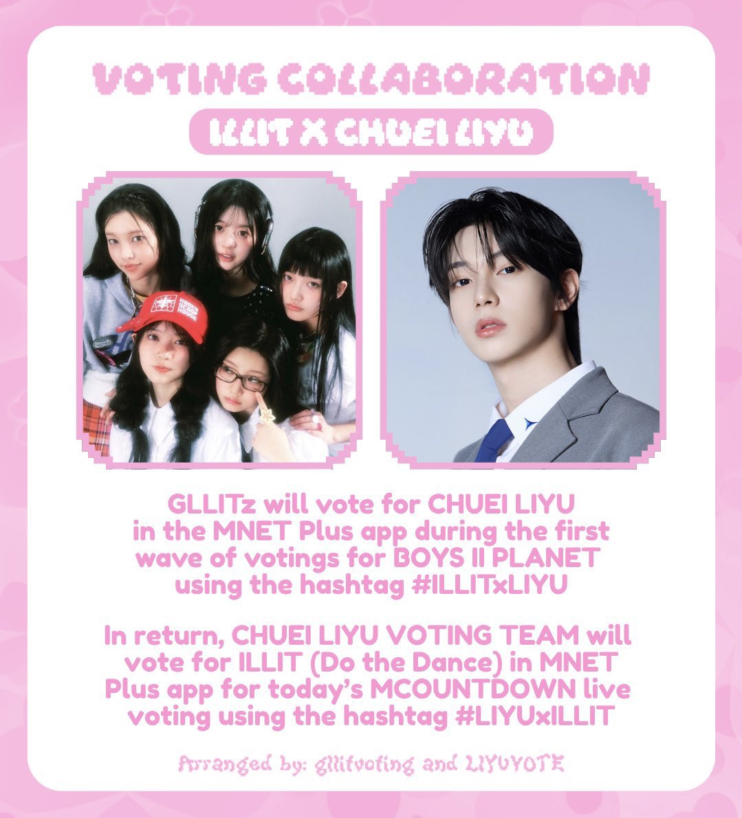 gllitvoting's tweet photo. [📢] VOTING COLLABORATIONS

Hello GLLITz! Voting for CHUNG SANGHYEON and CHUEI LIYU, who we have collaborated with, is now open in MNET Plus app 💙

🗓️: 07/17 - 07/24 (23:00 KST)
🎯: 1 vote per day per GLLIT
🔗: https://t.co/fKJhVQTRtp 

#ILLITxCHUNGSANGHYEON #ILLITxLIYU https://t.co/9c8YYAZfuT