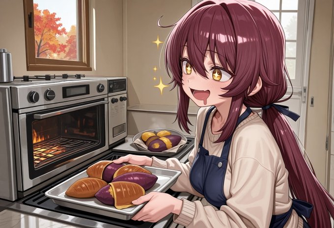 さつまいもパンを作ってる娘 