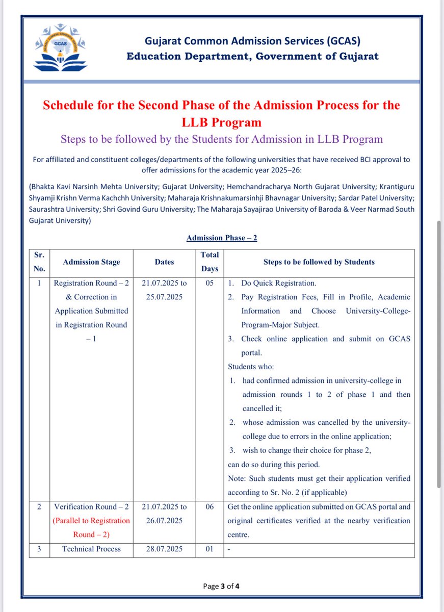 gujuni1949's tweet image. LLB Admission Phase – 2 Begins!
Don’t miss your chance to apply or correct your application!
Registration: 21st to 25th July 2025
Apply through the GCAS portal now and take the next step toward your law career!
Visit: gcas.gujgov.edu.in
#LLBAdmission2025 #GCAS…