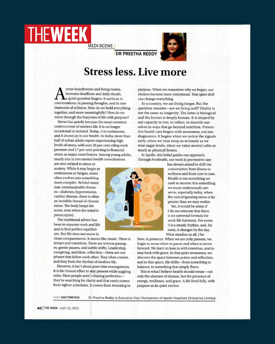 In a world that glorifies pace, true well-being begins with awareness.

In my latest column for The Week, I reflect on why preventive care must go beyond diagnostics—towards intention, clarity &amp; the courage to pause.

Read: tinyurl.com/45bzju36