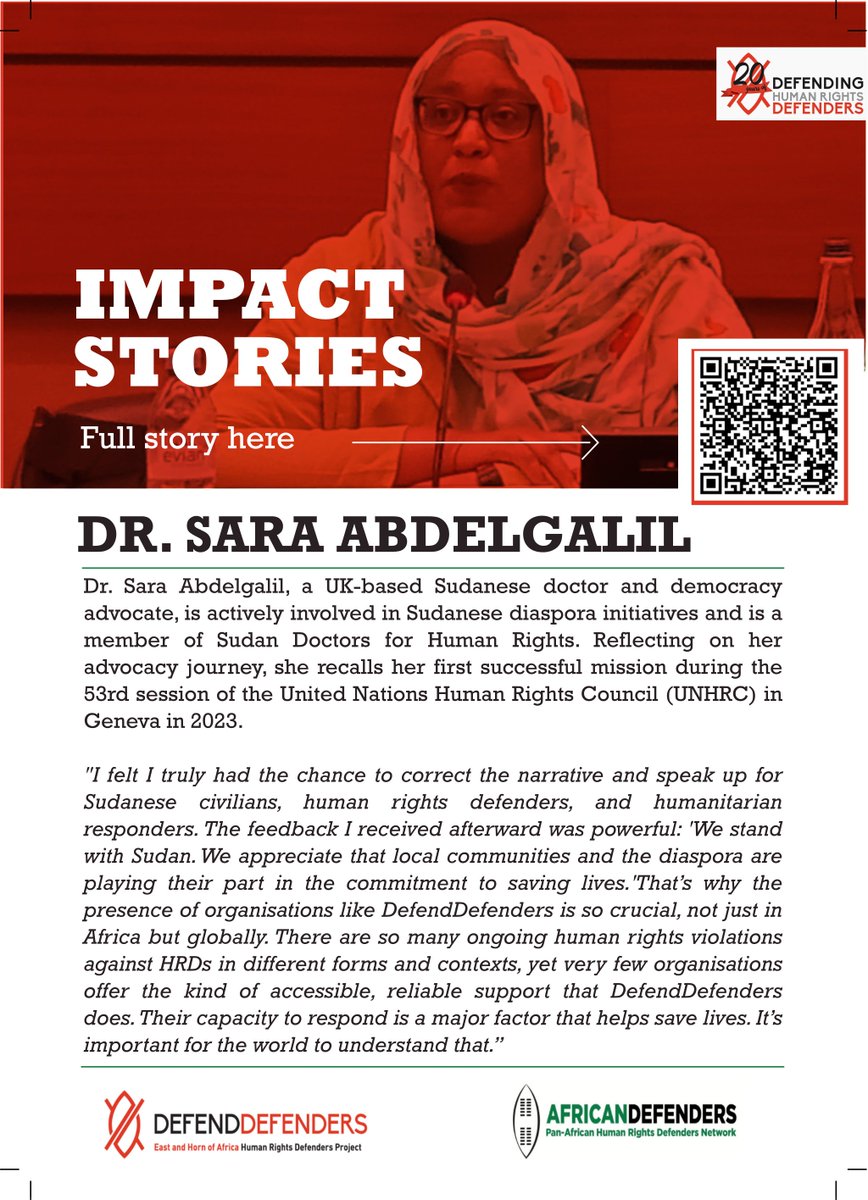DefendDefenders's tweet image. Dr. Sara Abdelgalil, a UK-based Sudanese doctor and human rights defender, refuses to stay silent about the ongoing war in Sudan. With our support, she took her advocacy to the global stage, amplifying the voices of Sudanese civilians, human rights defenders (HRDs), and…