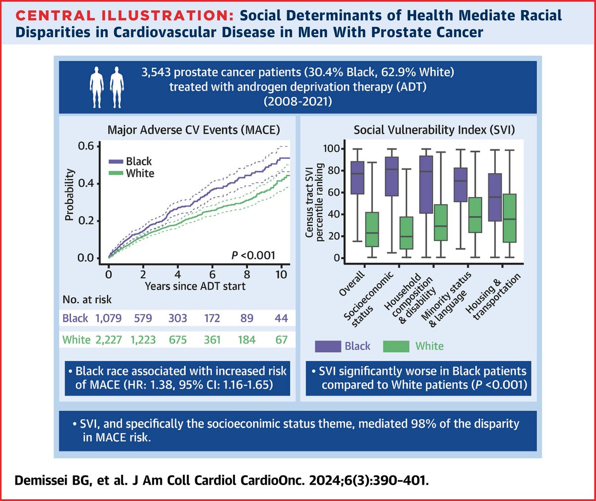 medntdj's tweet image. Black patients with #prostate cancer on androgen deprivation therapy face higher #MACE risk vs White patients, largely mediated by social vulnerability index, and particularly socioeconomic status. jacc.org/doi/10.1016/j.…
#CardioOnc
@DrBonnieKy @NMHheartdoc
via @JACCJournals
