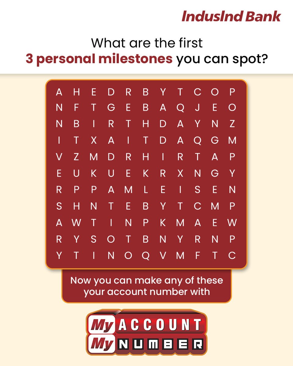 MyIndusIndBank's tweet photo. With IndusInd Bank’s #MyAccountMyNumber, you can turn any significant milestone into your account number! Give it a try.
Don’t forget to tell us your answer in the comments. 👇
#IndusIndBank #AccountNumber https://t.co/8LUDv1oSUL