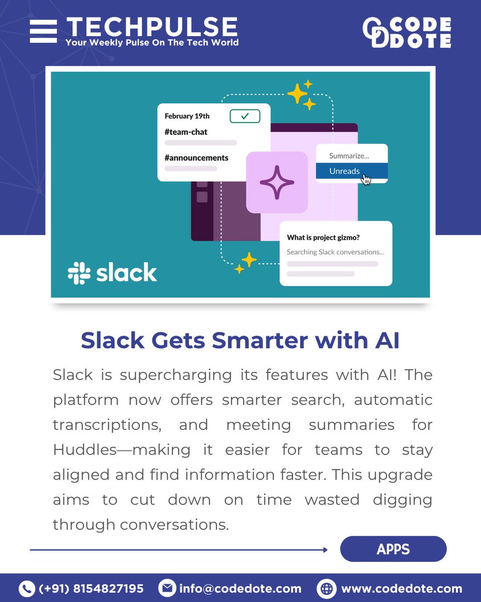 CodeDote's tweet image. @SlackHQ  boosts productivity with AI-powered search, meeting summaries, and Huddle transcriptions! Could these AI tools transform how your team collaborates?

#SlackAI #codedote #TechNews #FutureOfWork #AITools #SmartSearch