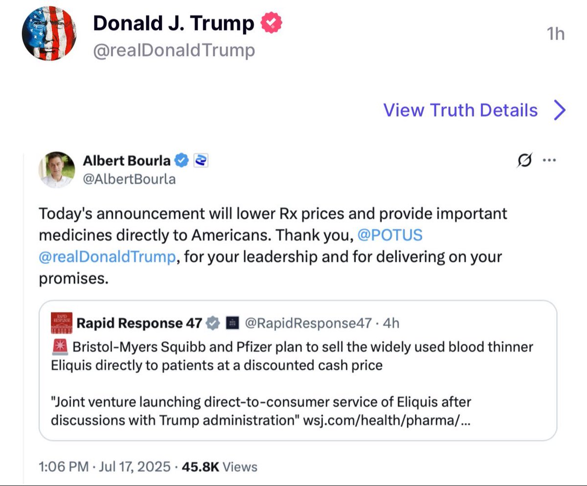 Ah, yes, Trump the ‘champion of the people’, reposting his friendship with Albert Bourla, literal demon, whose company Moderna made the mRNA product that, administered to me with zero honest informed consent and under coercion by my former private physician and heartless