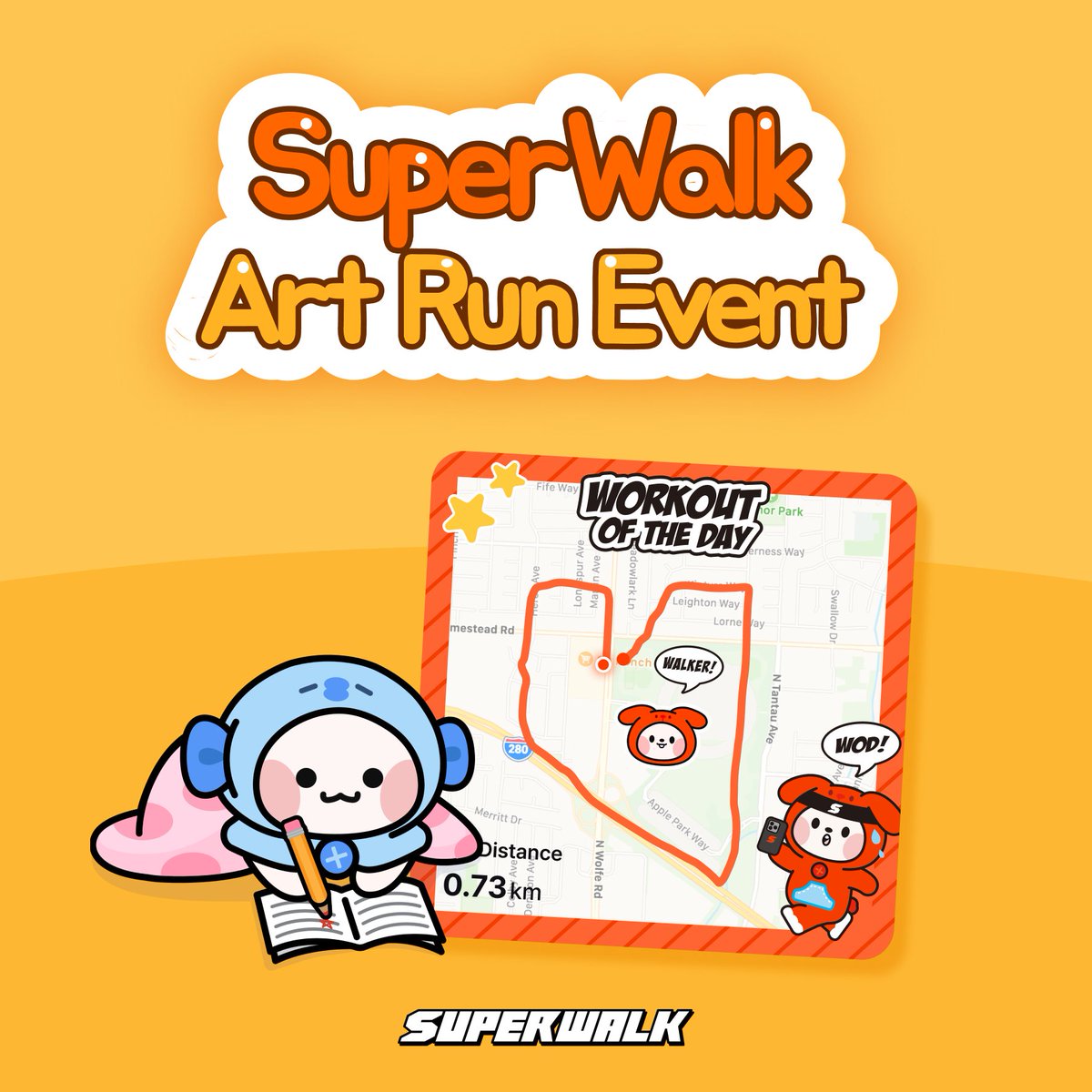 📢[SuperWalk アートラン大会] イベントのご案内
運動記録の「共有する」機能のアップデートを記念した #SuperWalk【アートラン大会】がスタートしています🏃
アートランとは、ランニング経路で特定の絵を描き、SNSでシェアするイベントです。