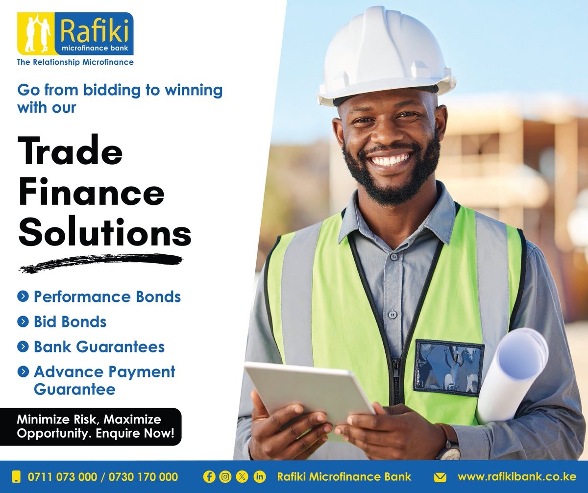 RafikiBank's tweet image. We&apos;re here to empower your ventures with our comprehensive Trade Finance Solutions!

Get in touch with us today!

📞 Call us: 0711 073 000 / 0730 170 000
🌐 Visit our website: rafikibank.co.ke

#TradeFinanceSolutions #SecureYourFuture #TheRelationshipMicrofinance