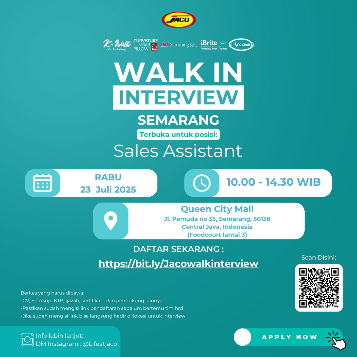 lokersemarang's tweet image. WALK-IN INTERVIEW ALERT! 🚶‍♂
 
Detail walk in interview:
📅 Rabu, 23 Juli 2025
🕘 10.00-14.30
👕Rapi dan sopan
📌 Queen City Mall (Food Court Lt.3)
Jl. Pemuda no 35, Semarang, 50138

#WalkInInterview #LokerSemarang #JacoNusantaraMandiri #SalesAssistant #KarirSemarang
