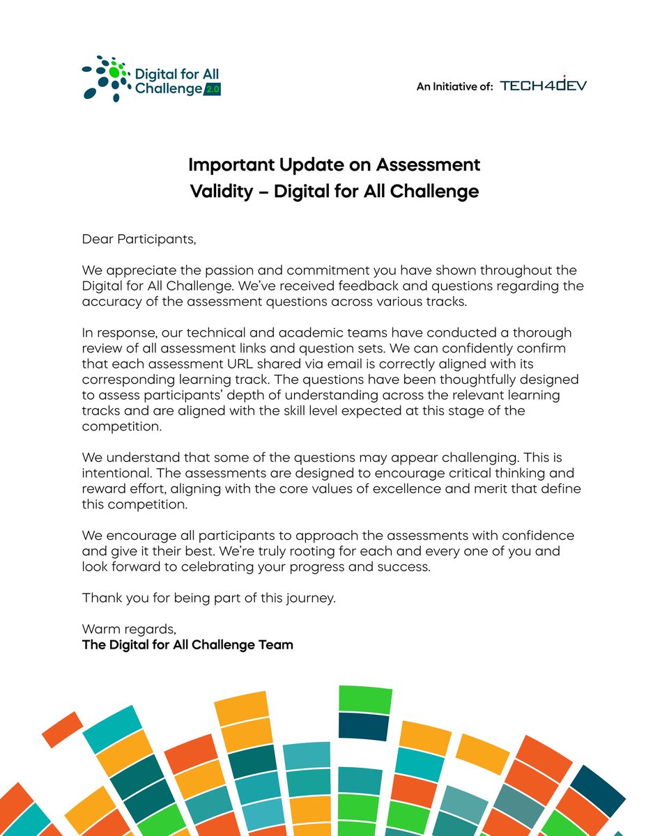 Tech4DevHQ's tweet image. 📢 Important Update for #DigitalForAllChallenge Participants!
We’ve seen your questions and concerns about the assessment questions in the various learning tracks, and we hear you.
We assure you that all assessments questions were reviewed and matched your learning track
The…