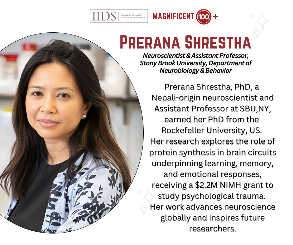 IIDS (@iids1979) on Twitter photo Prerana Shrestha, Ph.D., is a neuroscientist at Stony Brook University studying how brain cells encode memory and emotion. A Bates and Rockefeller alum, her work explores mental health, learning, and neurodevelopment.
<a href="/prerana123/">Dr. Prerana Shrestha</a> ย
More โ iids.org.np/iids-initiativโฆ Prerana Shrestha, Ph.D., is a neuroscientist at Stony Brook University studying how brain cells encode memory and emotion. A Bates and Rockefeller alum, her work explores mental health, learning, and neurodevelopment.
<a href="/prerana123/">Dr. Prerana Shrestha</a> ย
More โ iids.org.np/iids-initiativโฆ