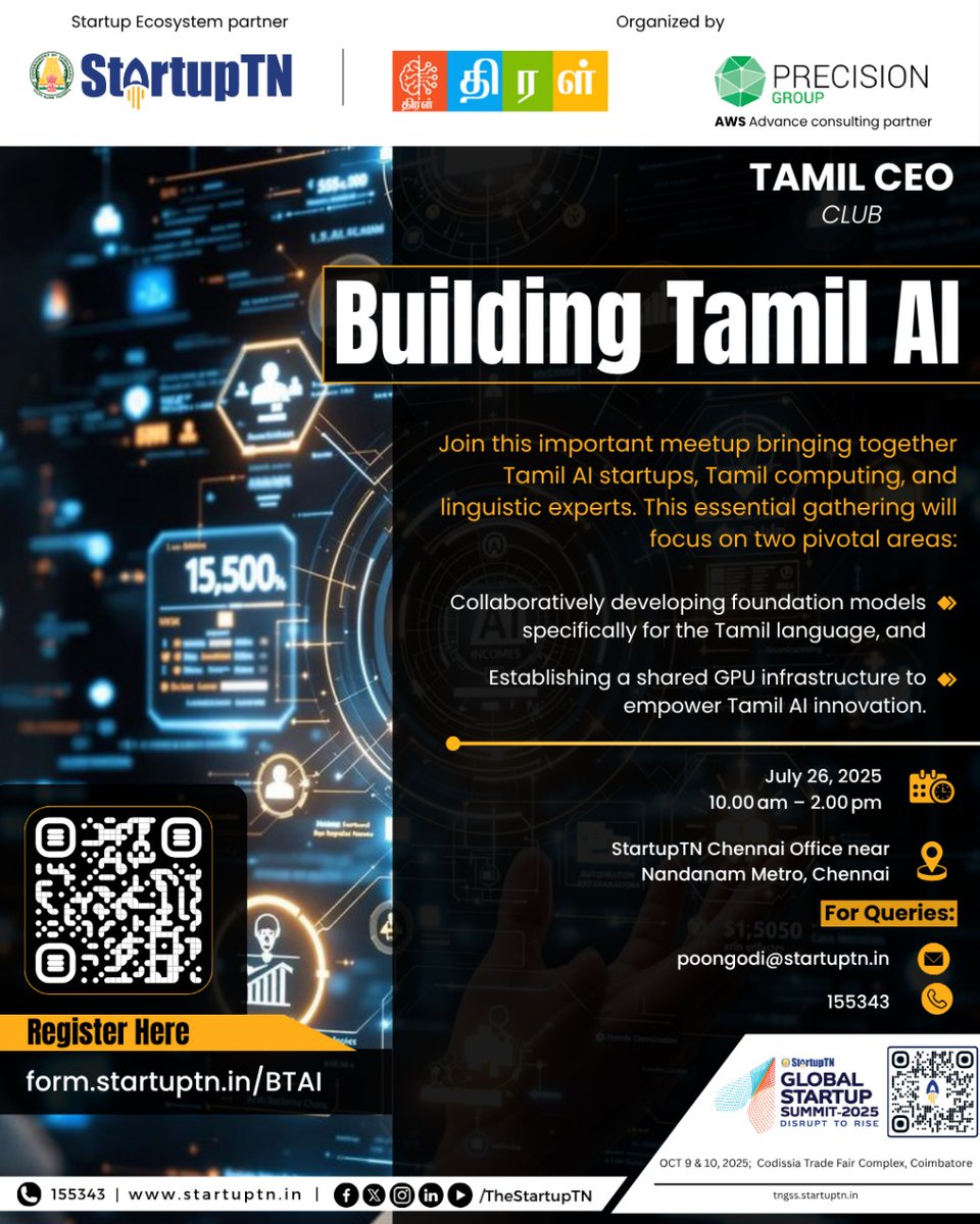 TheStartupTN's tweet image. 🚀 Building Tamil AI - Join the Movement!
Are you passionate about advancing Tamil language technology? Be part of this pivotal meetup bringing together Tamil AI startups, computing innovators, and linguistic experts!
📌 Focus Areas:
✅ Building foundation AI models for Tamil…