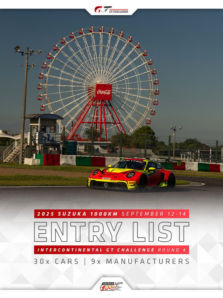 IntercontGTC's tweet image. 3️⃣0️⃣ 台のGT3が参戦決定!🎡
#Suzuka1000km のドライバーラインナップと
クラス分けは8/4のエントリー〆切後に発表!
🗞️ intercontinentalgtchallenge.com/news/1903
#IGTC 🎟️ suzukacircuit.jp 券売は7/21から