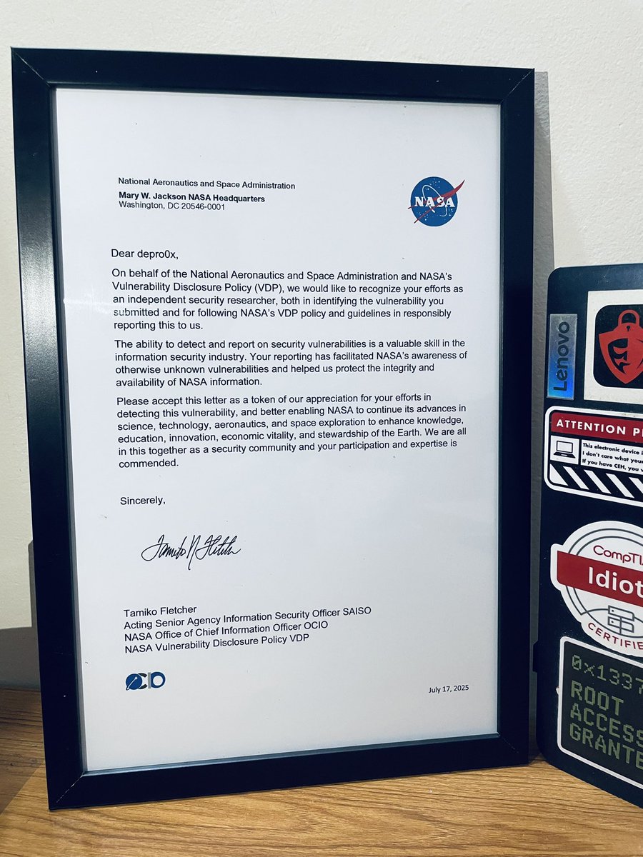I hacked <a href="/NASA/">NASA</a> and they sent me this appreciation letter! 🎳