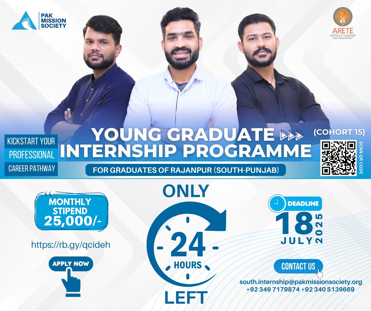 Pak Mission Society (@pmspakistan) on Twitter photo Only 24 Hours Left!
Calling all Graduates from Rajanpur!
đź”— Apply Now: rb.gy/qcideh
🗓️ Deadline: 18th July 2025
đź“§ For more info: south.internship@pakmissionsociety.org
📞 +92 349 7179874 | +92 340 5139669
#PakMissionSociety #YGIP #InternshipOpportunity #Rajanpur Only 24 Hours Left!
Calling all Graduates from Rajanpur!
đź”— Apply Now: rb.gy/qcideh
🗓️ Deadline: 18th July 2025
đź“§ For more info: south.internship@pakmissionsociety.org
📞 +92 349 7179874 | +92 340 5139669
#PakMissionSociety #YGIP #InternshipOpportunity #Rajanpur