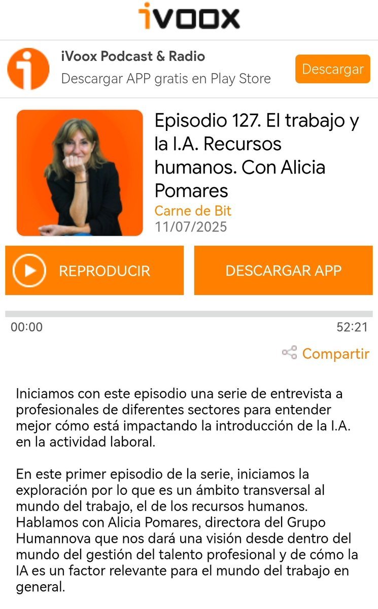 #Podcast Cómo ir caminando hacia la #IA desde los #RecursosHumanos 
Entrevista de #EmilioSáezSoro a #AliciaPomares de #Humannova 

Escúchala en #iVoox 🎙️  ivoox.com/152733648

#CarneDeBit 

#RRHH  #RH #HR #InteligenciaArtificial #Trabajo