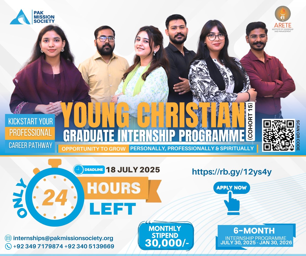 Pak Mission Society (@pmspakistan) on Twitter photo Only 24 Hours Left to Apply!
📌 Apply Now: rb.gy/12ys4y
🗓️ Deadline: 18th July 2025
đź“§ internships@pakmissionsociety.org
📞 +92 349 7179874 | +92 340 5139669
đź’ˇ FAQs: lc.cx/DarB8H
#PakMissionSociety #YCGIP #InternshipOpportunity #ChristianYouth #Cohort15 Only 24 Hours Left to Apply!
📌 Apply Now: rb.gy/12ys4y
🗓️ Deadline: 18th July 2025
đź“§ internships@pakmissionsociety.org
📞 +92 349 7179874 | +92 340 5139669
đź’ˇ FAQs: lc.cx/DarB8H
#PakMissionSociety #YCGIP #InternshipOpportunity #ChristianYouth #Cohort15