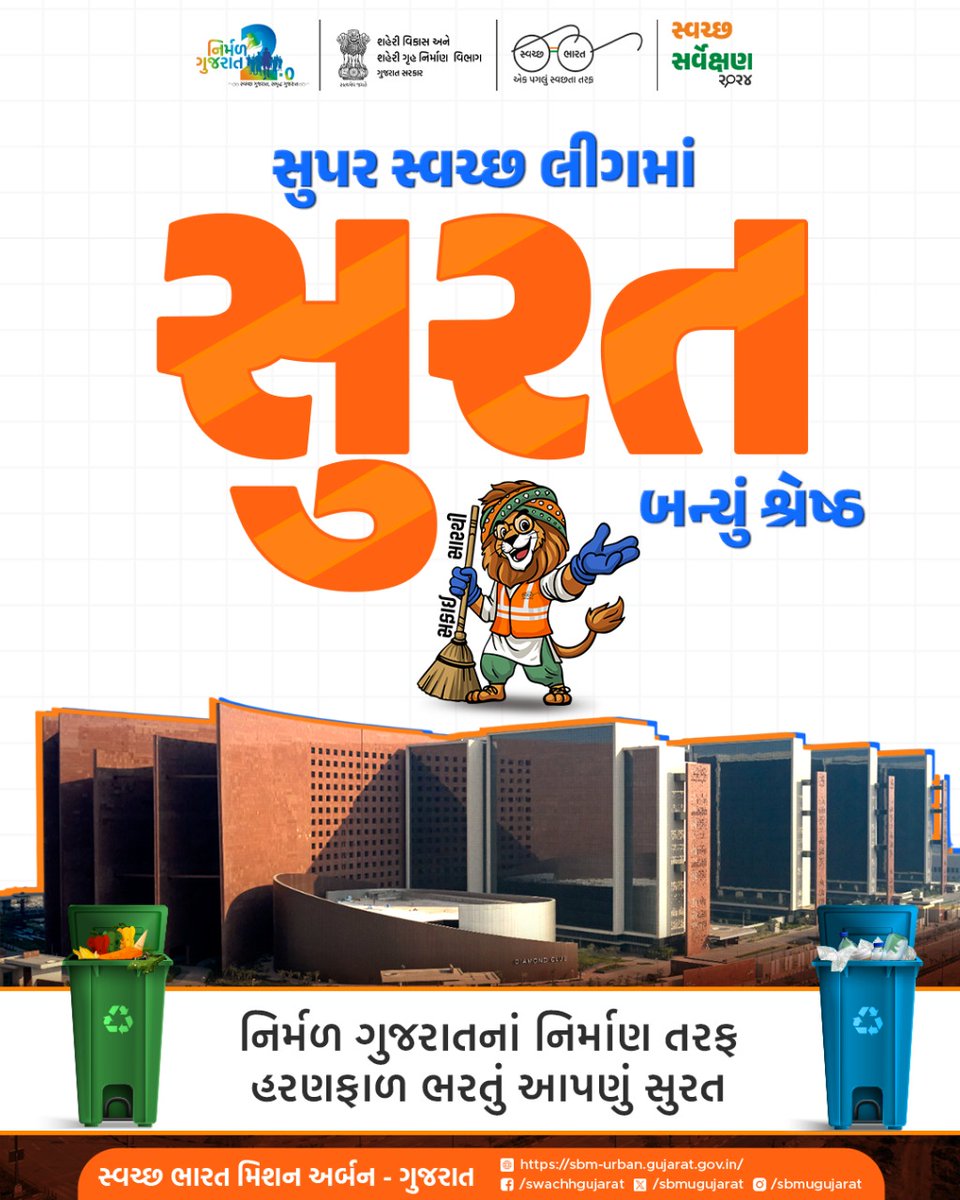 ‘સુરત શહેરે ફેલાવી સ્વચ્છતાની સુવાસ’

સ્વચ્છ સર્વેક્ષણ-2024 અંતર્ગત સુપર સ્વચ્છ લીગમાં 10 લાખથી વધારે વસ્તી ધરાવતા શહેરોની કેટેગરીમાં સુરત મહાનગરપાલિકાને એવોર્ડ એનાયત કરાયો છે. આ એવોર્ડ સુરતવાસીઓની સ્વચ્છતા પ્રત્યેની પ્રતિદ્ધતાને દર્શાવે છે, સ્વચ્છતાની આ ઝુંબેશને યથાવત રાખીને