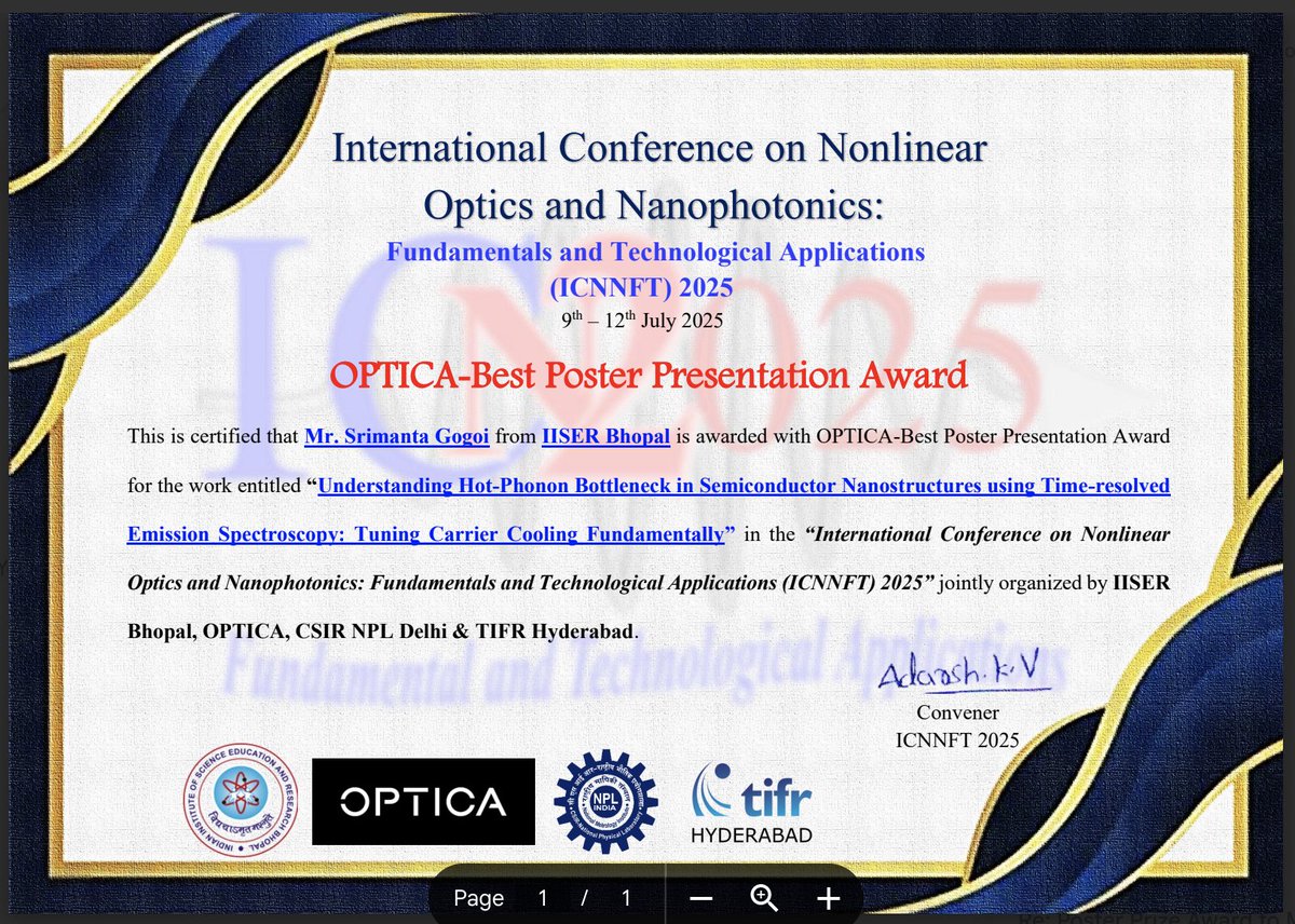 chm_iiserb's tweet image. Heartiest congratulations to our PhD student Srimanta Gogoi (@SrimantaGogoi15 ) from @sdv_tweets lab on receiving OPTICA-Best Poster Award in ICNNFT 2025, jointly organized by IISER Bhopal, OPTICA, CSIR-NPL Delhi & TIFR Hyderabad from 9th – 12th July 2025. @iiserbhopal