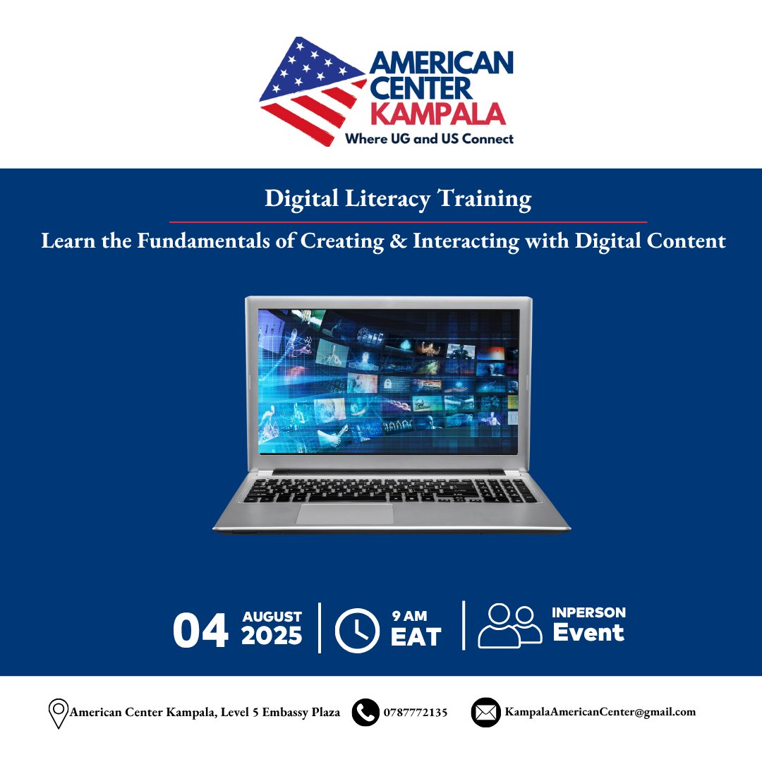 usmissionuganda's tweet image. Are you ready to elevate your digital expertise? Starting August 4, the #AmericanCenterKampala is offering a comprehensive Digital Literacy Training designed for educators & content creators. This program will provide practical skills in cybersecurity, website design, ethical use…