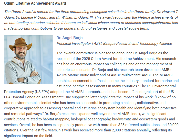 ayer, <a href="/CERFScience/">Coastal & Estuarine Research Federation (CERF)</a> anunció que me han galardonado con el Odum Lifetime Achievement award de 2025, por mi carrera en ecología marina. Es un gran honor para mí. Lo recibiré el 9 de noviembre en Richmond. Doy las gracias también a mi equipo en <a href="/azti_brta/">AZTI</a>
