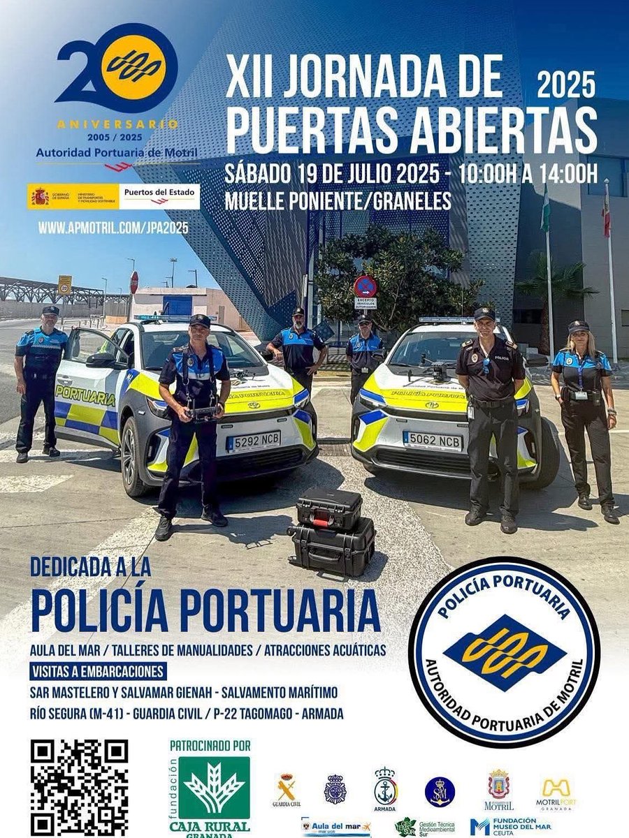 puertodemotril's tweet image. Te esperamos este sábado en el @puertodemotril para celebrar la XII edición de la Jornada de Puertas Abiertas, dedicada a la Policia Portuaria. Podrás disfrutar de diversas actividades gratuitas.
⛴️⛴️🚤⚓️ 👮👮♀️
Patrocina: @Cajaruralgr