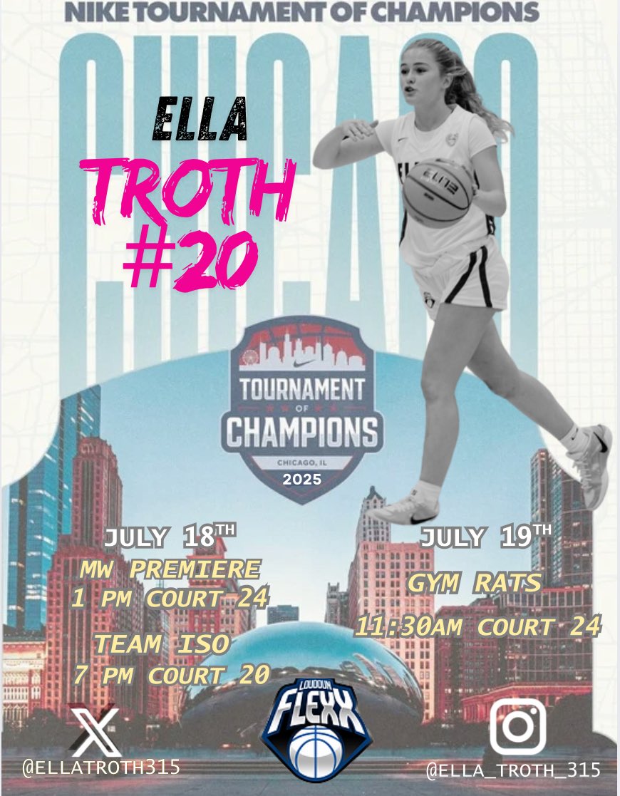 Ella Troth (@ellatroth315) on Twitter photo Last Tourney of the season. Come check us out in the Windy City 🌆 🏀
<a href="/loudounflexxgbb/">Loudoun FLEXX Girls Basketball</a>
<a href="/PVIGIRLSBBALL/">Paul VI Girls Basketball</a>
<a href="/PGHVirginia/">Prep Girls Hoops Virginia</a>
<a href="/MMBR_CoachGBell/">Major Movez Basketball Review #MMBR</a>
<a href="/nikegirlseycl/">Nike Girls EYBL Champions League</a>
<a href="/JrAllStarBB/">Jr. All-Star Girls Basketball</a> Last Tourney of the season. Come check us out in the Windy City 🌆 🏀
<a href="/loudounflexxgbb/">Loudoun FLEXX Girls Basketball</a>
<a href="/PVIGIRLSBBALL/">Paul VI Girls Basketball</a>
<a href="/PGHVirginia/">Prep Girls Hoops Virginia</a>
<a href="/MMBR_CoachGBell/">Major Movez Basketball Review #MMBR</a>
<a href="/nikegirlseycl/">Nike Girls EYBL Champions League</a>
<a href="/JrAllStarBB/">Jr. All-Star Girls Basketball</a>