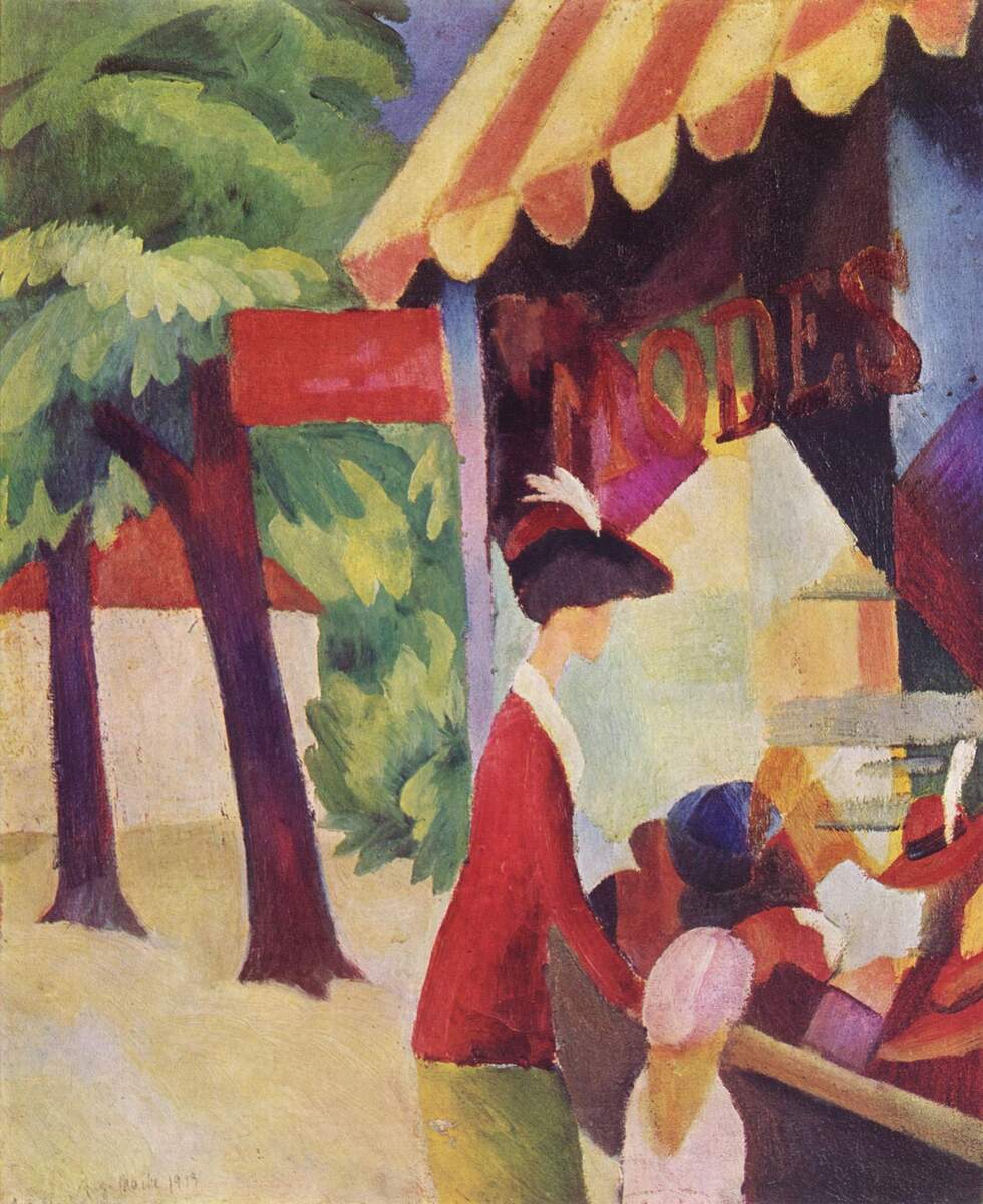 mackeaugust's tweet image. In front of the hat shop (woman with red jacket and child) #artbots #macke
