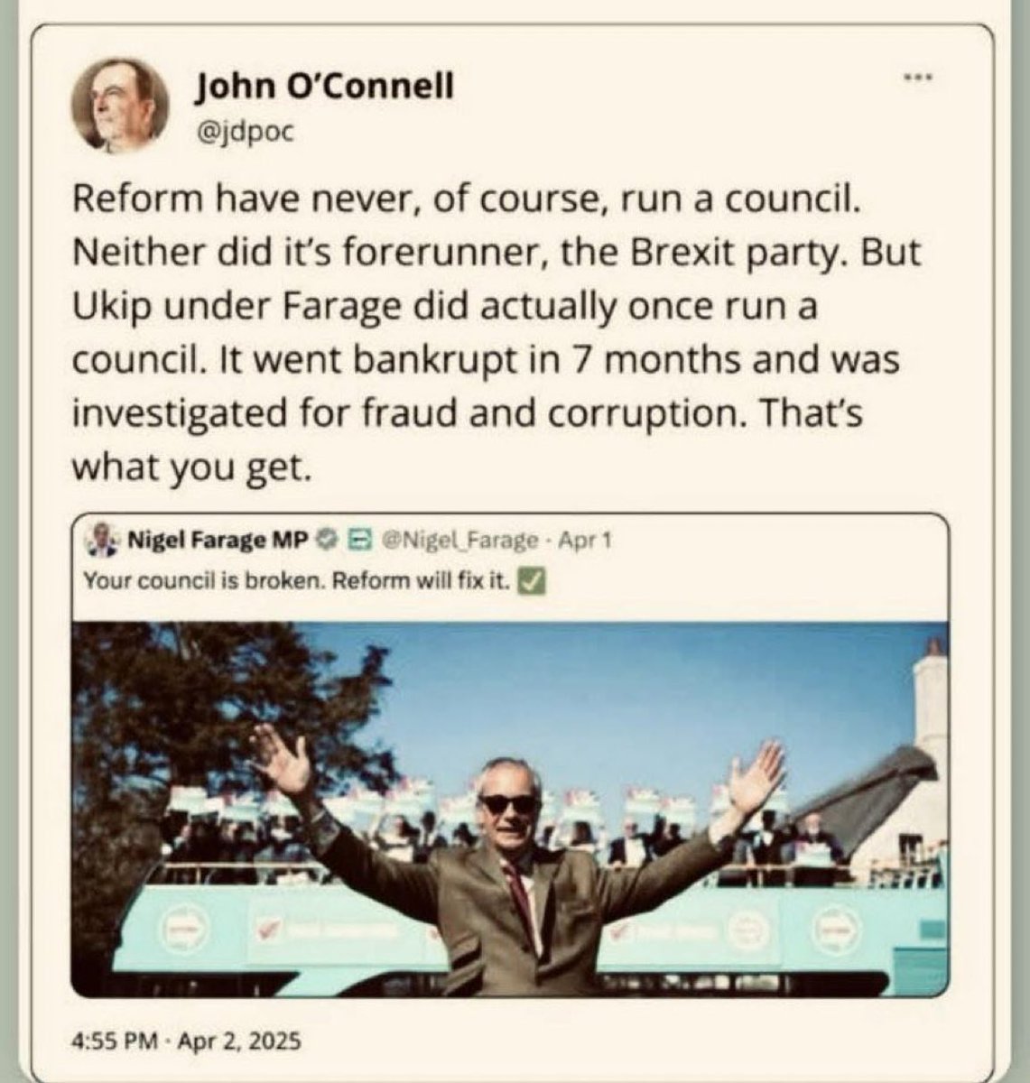 ReformUKLeaks's tweet image. Fraud and corruption. That’s the whole point of #Reform #NigelFarage
