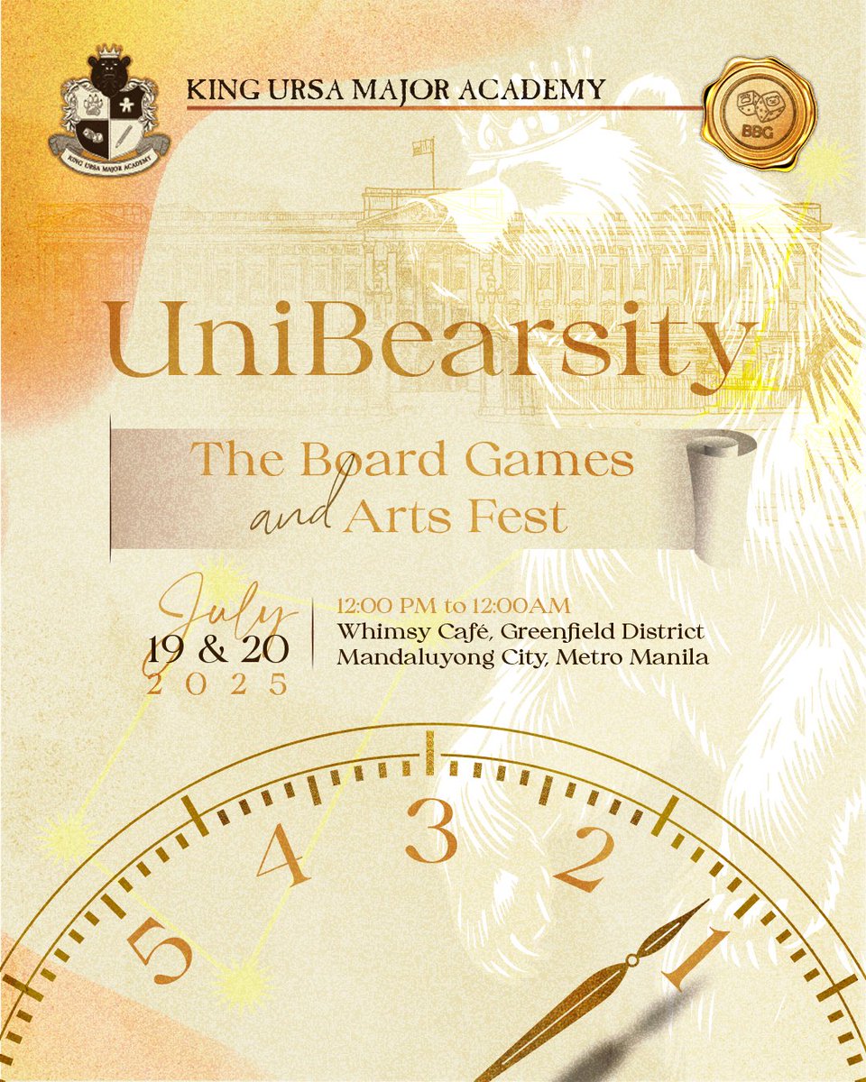Bbg_ph's tweet image. 1 DAY TO GO until #UniBEARsity2025! 

Join us July 19–20 at Whimsy Café, Greenfield District, for board games, art, and bear-powered magic from King Ursa Major Academy!

Doors open at 12 PM sharp—don’t be late! 

#BBG5 #KUMA #BBGArtsFest #BoardGamesPH