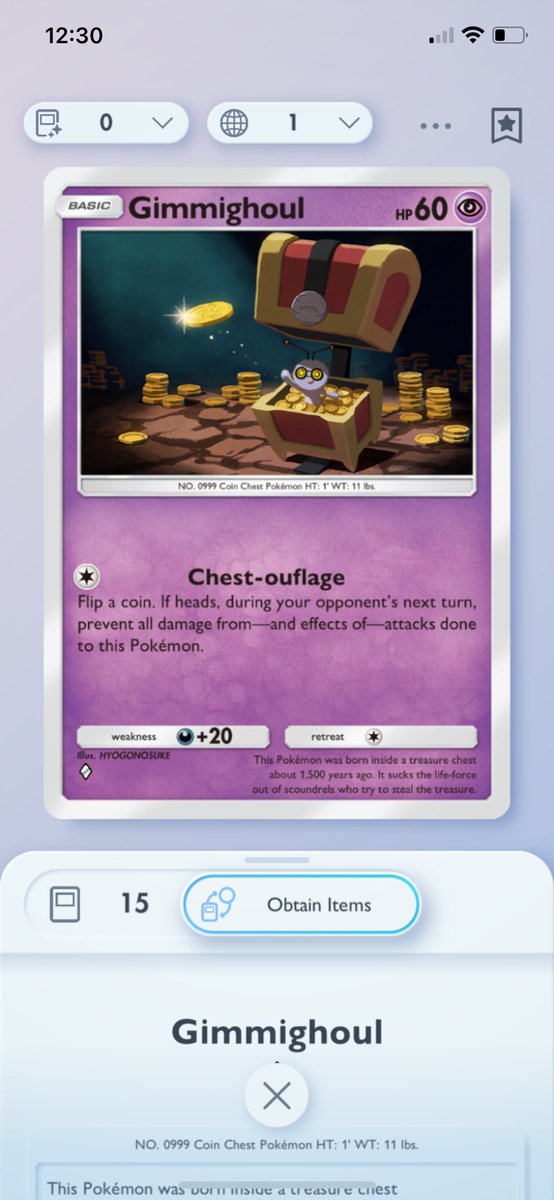 In case you were curious, you don’t need to have 99 gimmighouls at once.. you only need to RECEIVE a gimmighoul 99 times :)) huge thank you to <a href="/mbits_/">mbit</a> for trading gimmi’s back and forth with me for literally months lmao
#PokemonTCGPocket