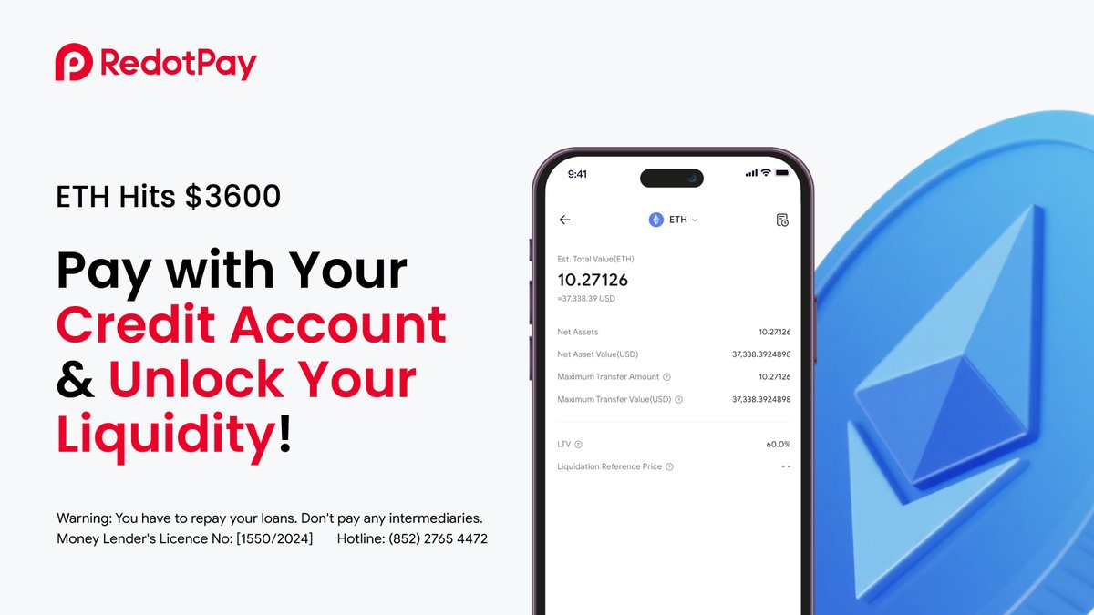 RedotPay's tweet image. ETH Hits a New High - $3600! 🚀✨
With the RedotPay Credit Account, you can hold on to your crypto AND spend it at the same time! 💰💳
Why sell when you can grow your crypto and earn 1% cashback? 🎉🔥
Curious how? Just hop onto the RedotPay App:
1️⃣ Activate your Credit…