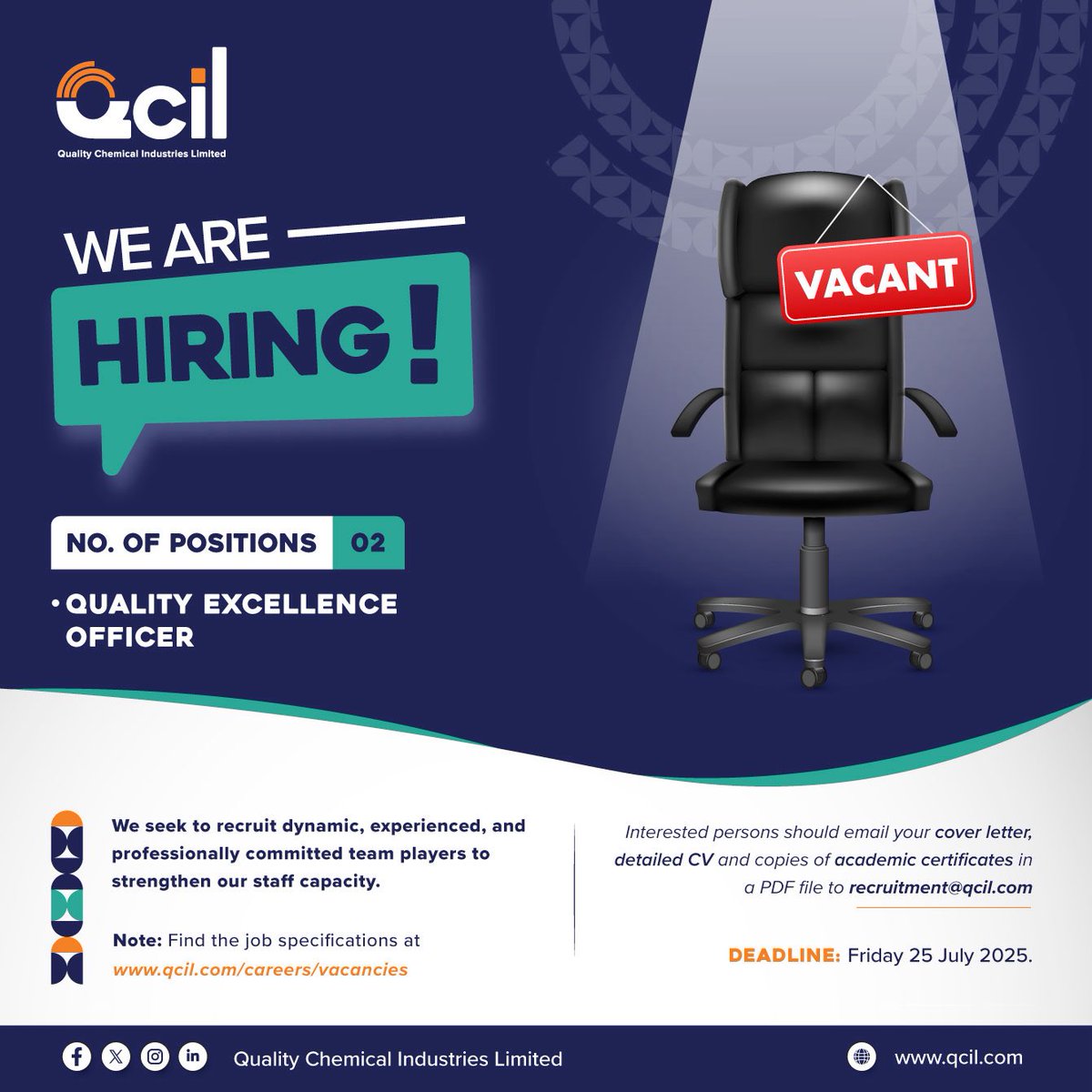 qcil_uganda2's tweet image. We seek dynamic, experienced and dedicated individuals to join our team.
Position: Quality Excellence Officer
Deadline: Friday, 25th July 2025
🔍 For more information, visit: qcil.com/careers/vacanc…
#QcilCareers
#LifeAfterWell
#KeepingAfricaAlive