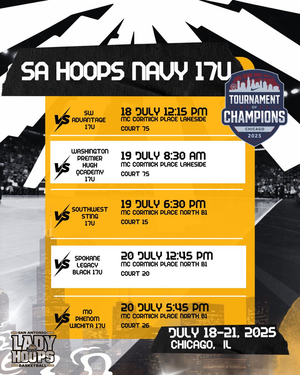 📍 Chicago
🏀Nike Tournament of Champions

SA Hoops Navy 17U is ready to compete at #NikeTOC 💪🔥Coaches come check us out! #GirlsHoops #ChicagoBasketball
<a href="/SALadyHoops/">San Antonio Lady Hoops</a> <a href="/niketoc/">Nike Tournament of Champions</a> <a href="/PBRhoops/">Premier Basketball</a> <a href="/BlueStarMedia1/">BlueStar Media</a> <a href="/PassThaBall/">PassThaBall.com</a> <a href="/girlzprepreport/">Girlz Prep Report</a> <a href="/ACH_GBB/">Alamo City Hoops GBB</a> <a href="/wego_basketball/">West Chicago Girls Basketball</a>