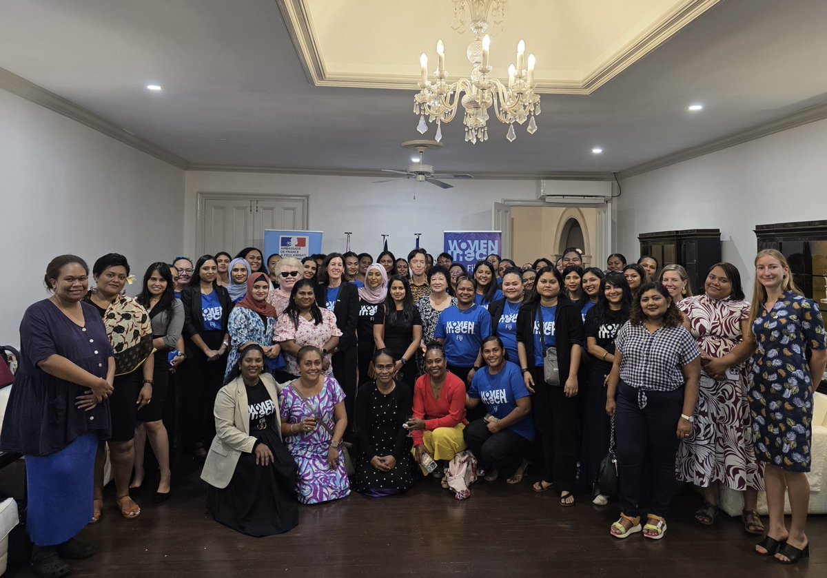 ambafrancefj's tweet image. Last night, Amb. @julielesaos hosted an inspiring evening at the French Residence in Suva, celebrating Women in Tech Fiji. The event spotlighted local leadership & global ambition to close the gender gap in tech. #FranceInFiji ๐ซ๐ท๐ค๐ซ๐ฏ #WomenInTech