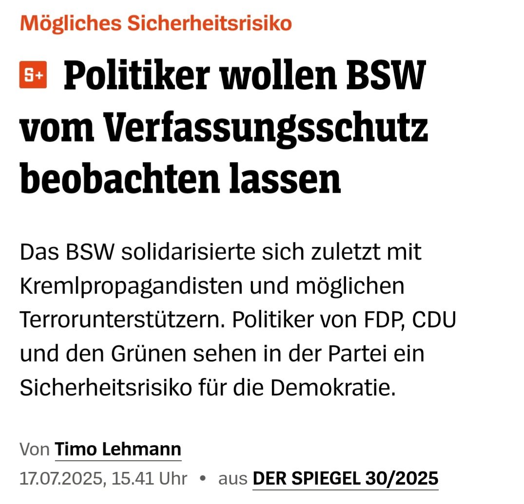 SWagenknecht's tweet image. Lächerlich: Hinterbänkler von #Grünen, #CDU und #FDP wollen das #BSW vom #Verfassungsschutz beobachten lassen, weil wir für #Meinungsfreiheit einstehen, Verständigung mit Russland fordern und die undemokratische #Brandmauer ablehnen. Dass das dem „Qualitätsmedium“ #Spiegel…