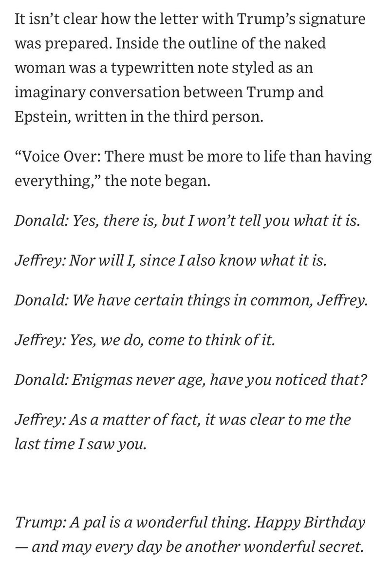Sorry, but this supposed Trump letter to Epstein seems super gay and out of character. 

Who writes letters like this (or at all) to another man, even in 2003?

And why would someone as calculating as a much younger Trump unnecessarily implicate himself like that? 

Smells fishy.